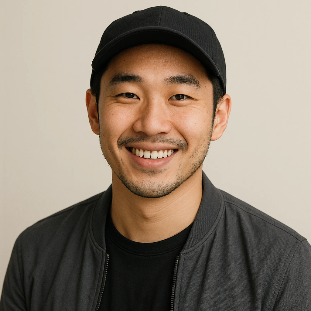 Chinese man wearing a cap, modern style, friendly expression, simple background emoji