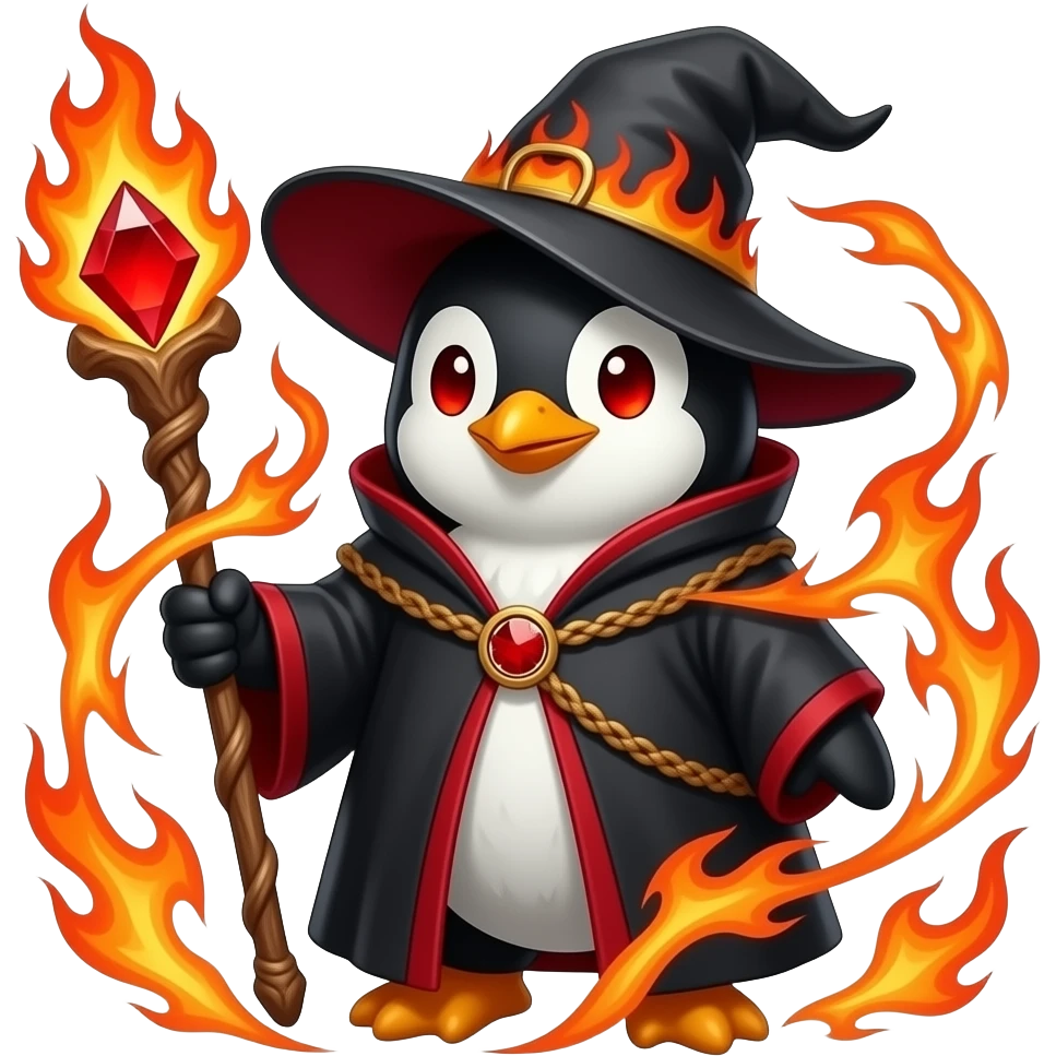 penguin fire wizard, fire elements red eyes, staff with firey red gem, black and red outfit emoji