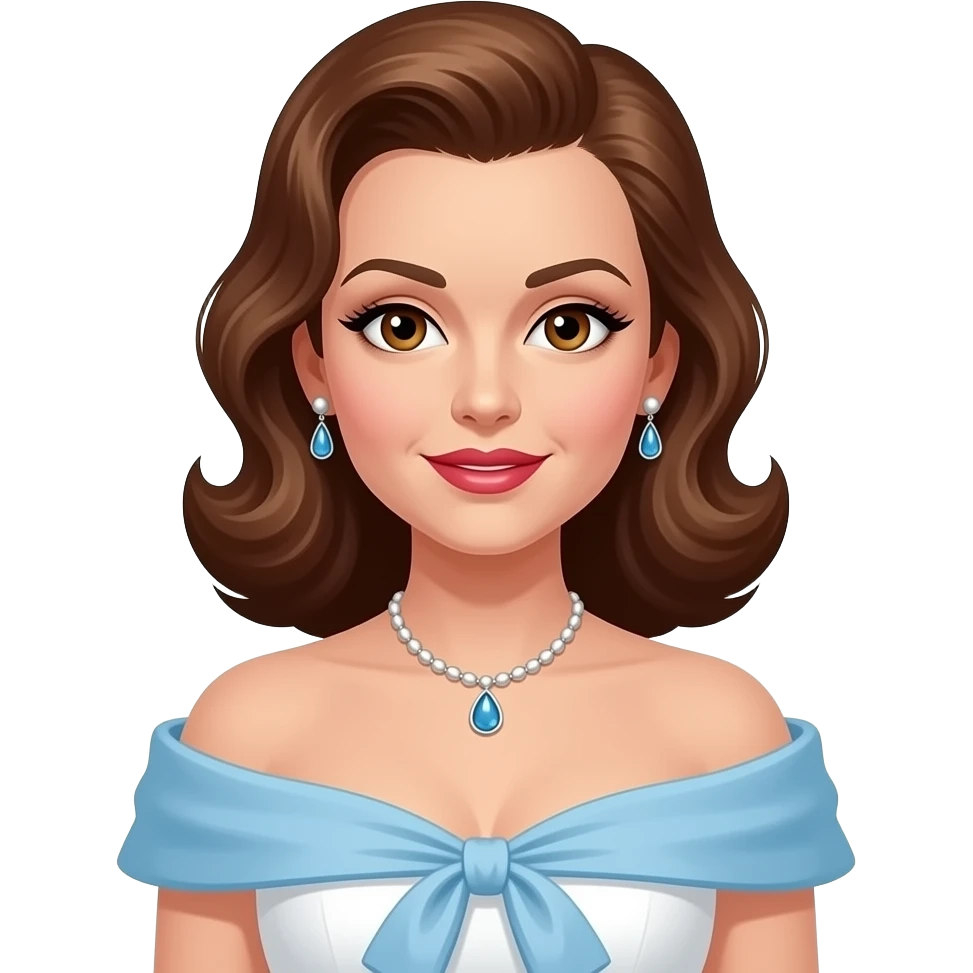 Judy Garland with brown eyes, long brown hair, white and blue oscars off shoulder dress, necklace and earrings emoji