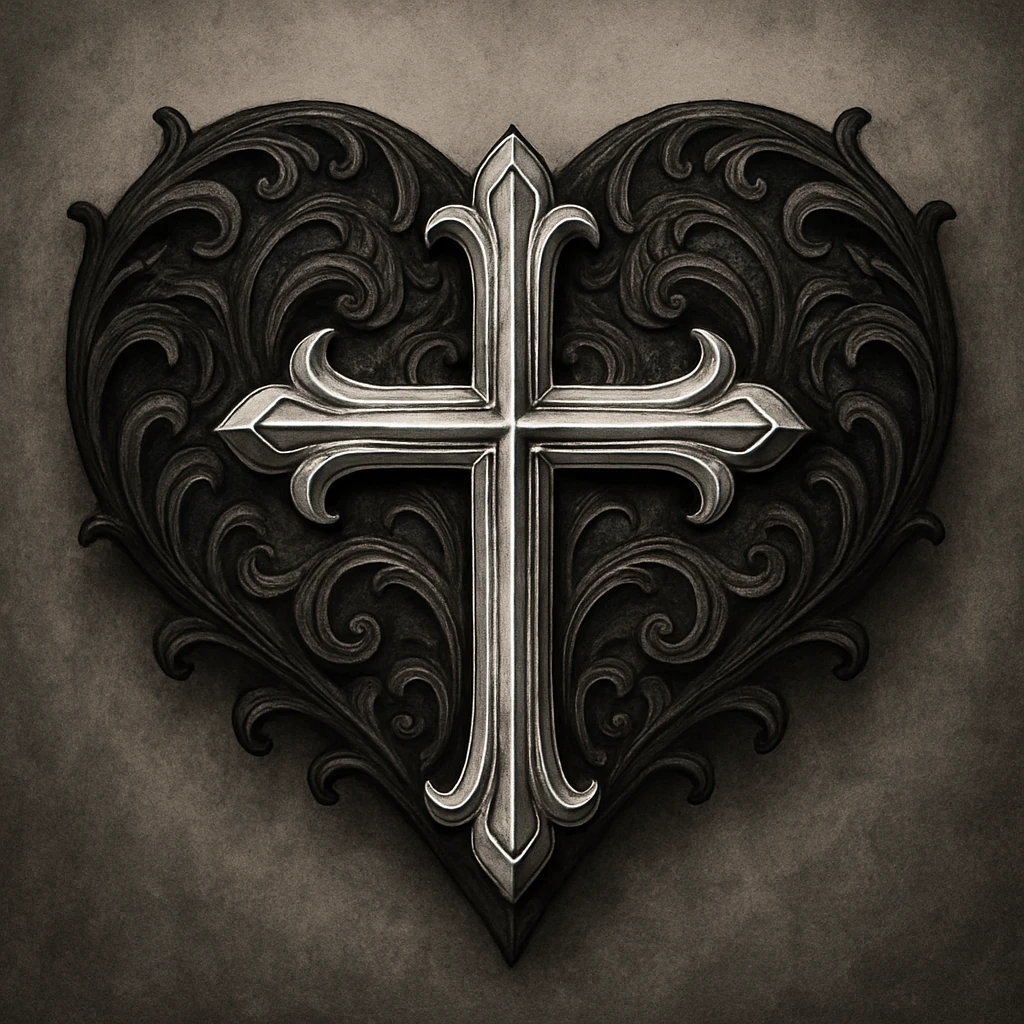 gothic heart with a silver cross emoji