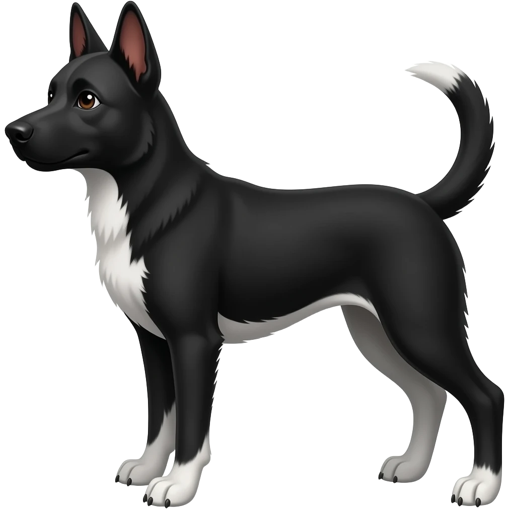 all black alsatian type dog with all black face white chest long legs and all claws white emoji