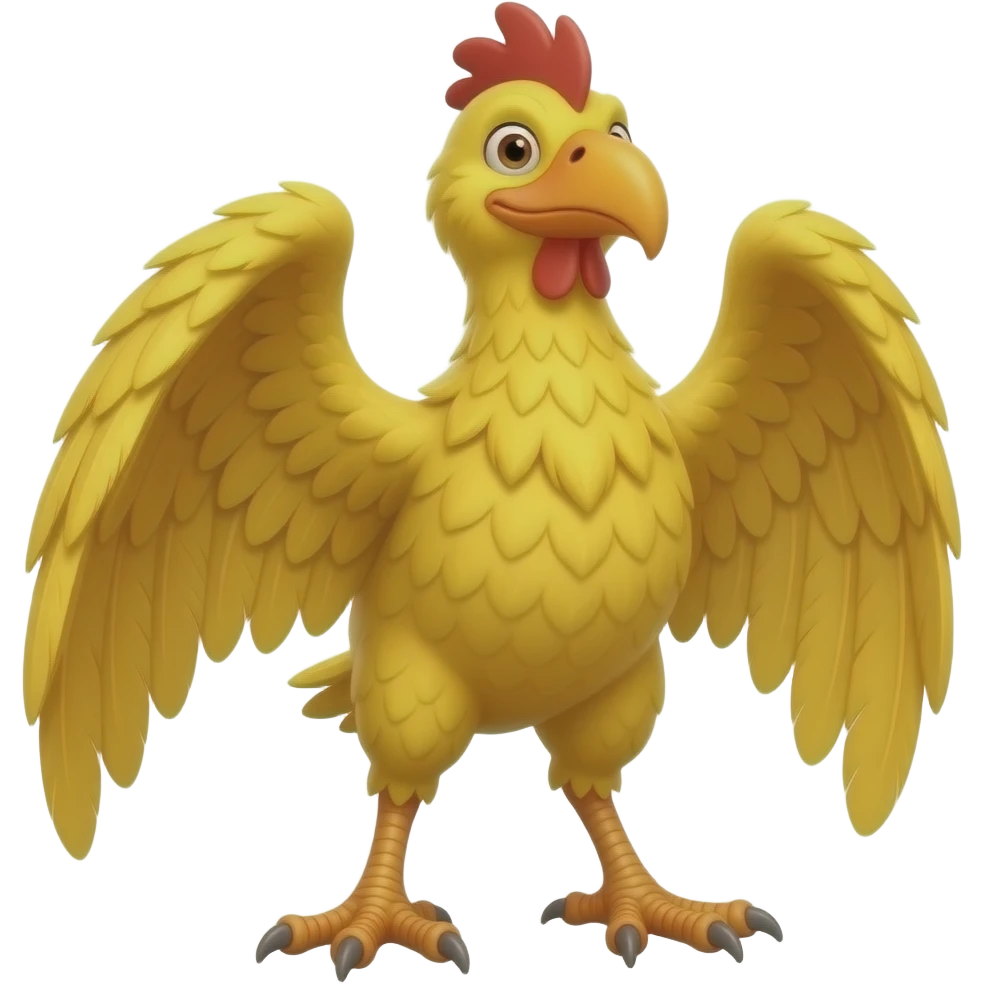 A yellow chocobo stands on two powerful, muscular legs that end in three-toed talons built for high-speed sprinting. Its body is covered in bright yellow feathers, featuring large wings that help with balance while its long, flexible neck supports a head with a prominent, curved beak. emoji