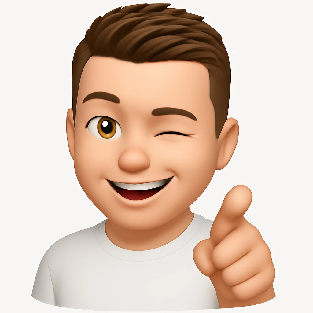 Based on these photos, make an emoji with facial features preserved, a man in a white T-shirt, winking, pointing forward emoji