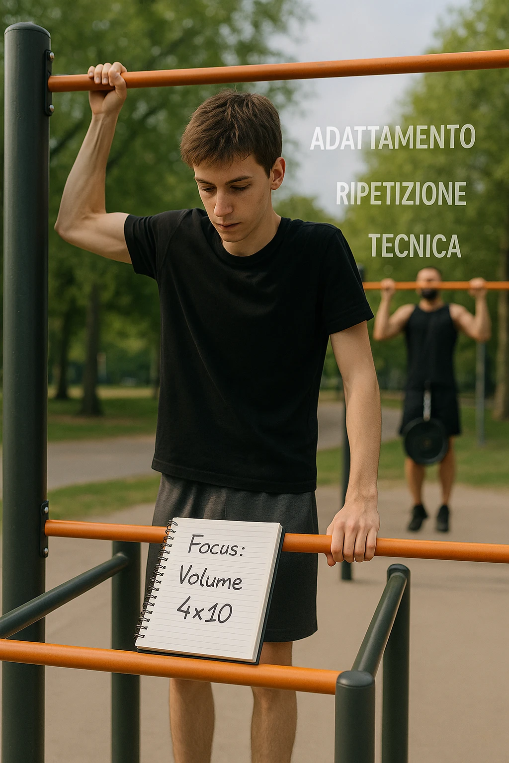 Giovane atleta principiante, fisico asciutto ma non muscoloso, si allena in uno street park con sbarra e parallele. Sta eseguendo serie lunghe di trazioni a corpo libero, concentrato sulla tecnica e sul controllo. Vicino a lui si vede un block notes con scritto a penna 'Focus: Volume, 4x10', mentre in lontananza un altro atleta molto più grosso fa una singola ripetizione con zavorra pesante. Il neofita guarda il suo diario, non gli altri. L’ambiente è sereno, luce naturale, atmosfera di crescita e disciplina. Sullo sfondo si intravedono i concetti scritti in aria con stile metaforico: 'Adattamento', 'Ripetizione', 'Tecnica', fluttuanti accanto a lui emoji