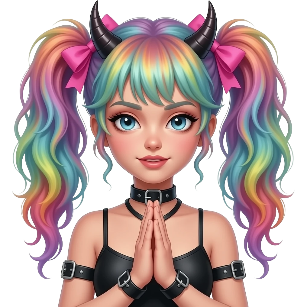 Baphomet babe freak with messy, frazzled, washed-out rainbow dyed loose space buns with frilly girly pink hair bows and bondage restraints saying a satanic prayer to her lord and daddy Lucifer emoji