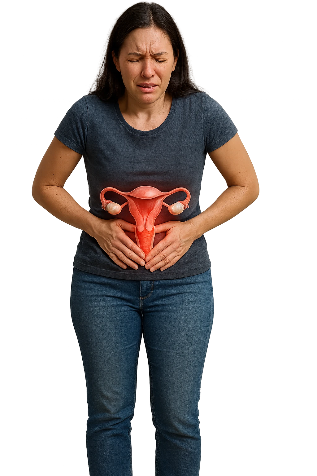 donna a figura intera con utero umano realistico in 3d in evidenza dolorante, espressione di dolore in volto, sfondo bianco, non farla computerizzata, ma iperrealistica 4k emoji