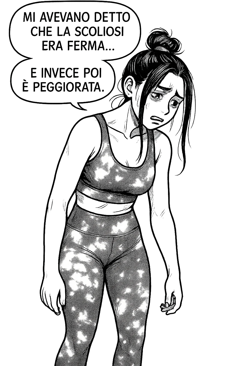 fai questa immagine in versione fumetto/manga/webtoon, il manga mostra la donna disperata con un fumetto sulla testa che dice:
Mi avevano detto che la scoliosi era ferma… e invece poi è peggiorata.
 emoji