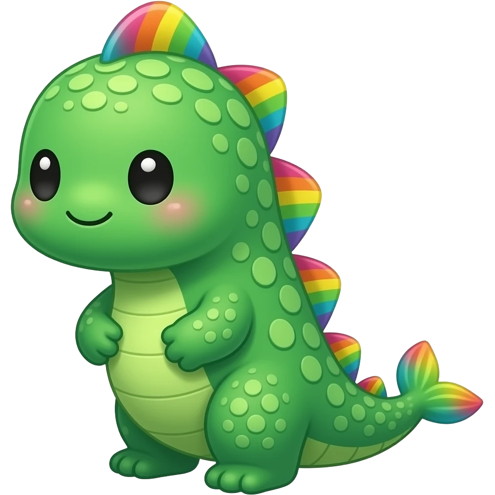 Kawaii chibi loch ness monster with cute eyes, bright green scales with rainbow sheen, adorable, fins emoji