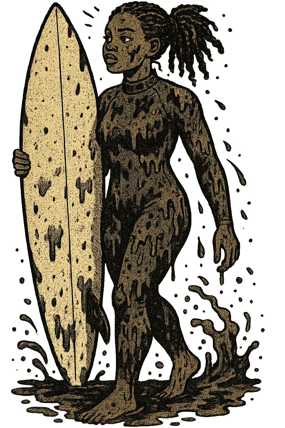 The full body of a modern day black surfer girl in her twenties carrying an upright surfboard and wearing a wetsuit.  The girl is covered in sewage and pollution from the sea. emoji