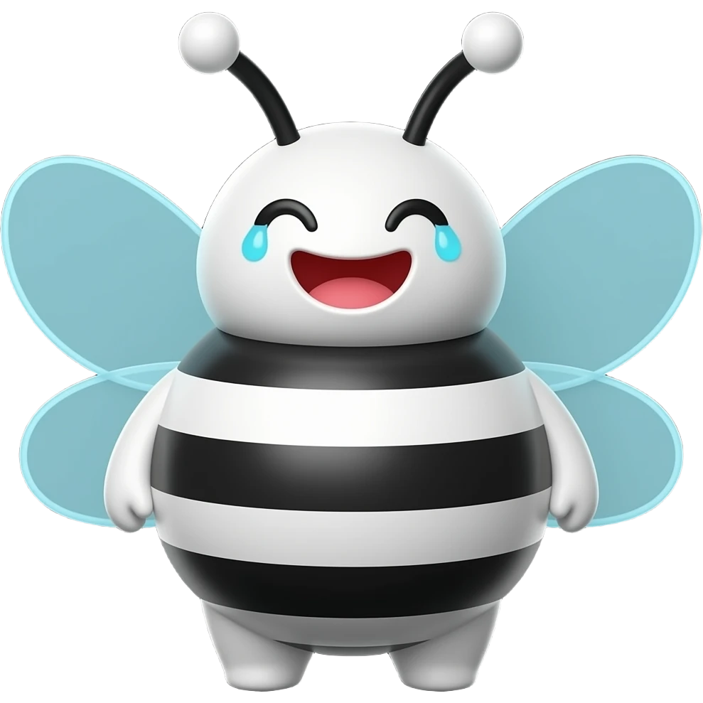 3D cartoon bee emoji, rounded chubby body, black and white stripes, eyes closed laughing, tears of joy, big open smile, light blue transparent wings, black antennae with white round tips, smooth shiny surface, black background emoji