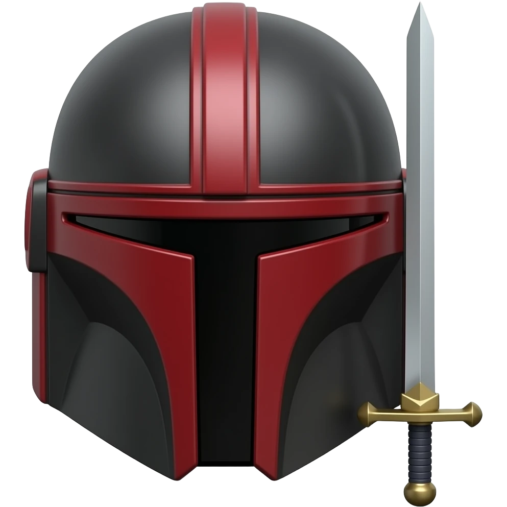 A midnight black Mandalorian helmet with red markings and a line going down the middle holding a sword emoji