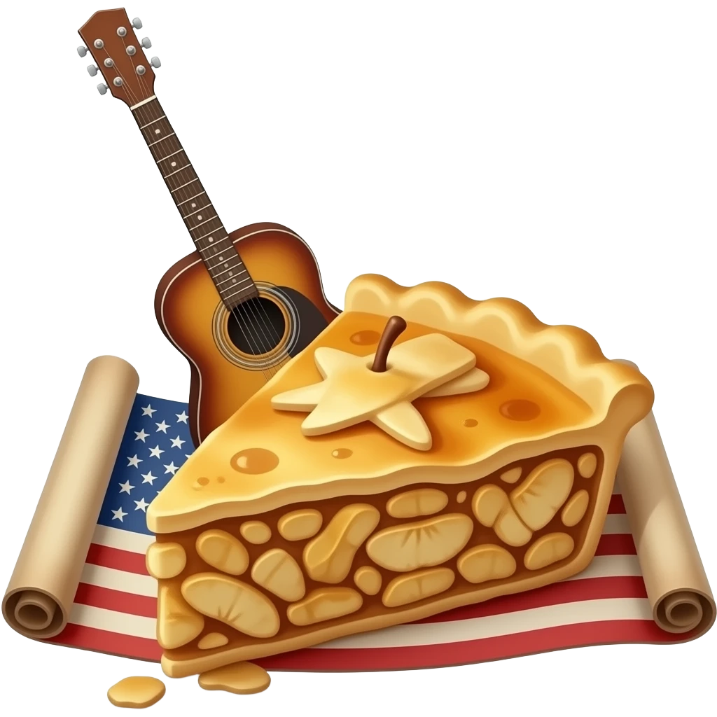 An old guitar peeks out from a piece of apple pie that is placed on a rolled-up old American flag. emoji