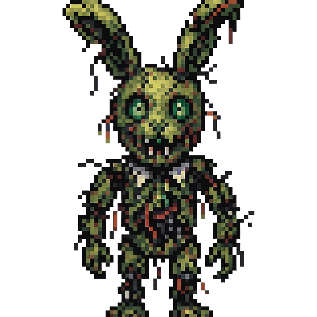 Make Springtrap appear even more damaged, with more torn suit, exposed wires, and broken animatronic parts in pixel art style. Remove background. emoji
