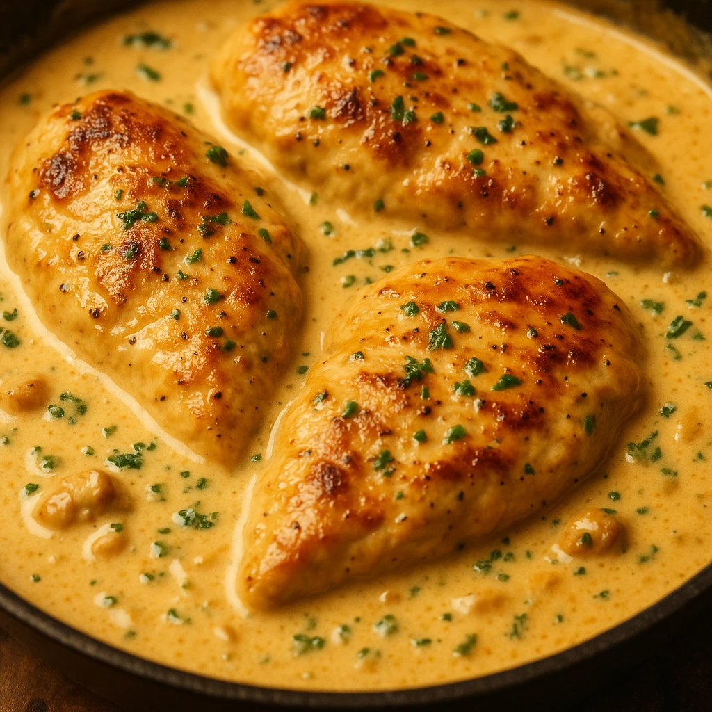 creamy chicken, appetizing, rich sauce, comfort food, close-up, no text emoji