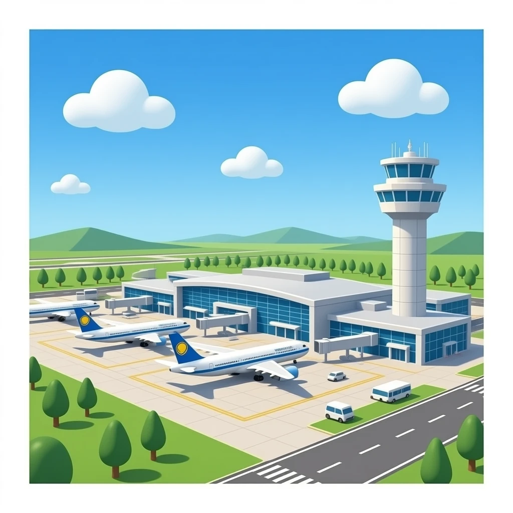 huge 3D airport terminal with big planes and big ATC tower with no background emoji