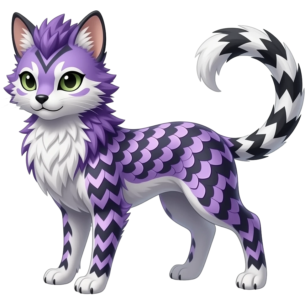 chevron-patterned Slim elegant realistic Asian Furry, feathery fluffy tropical flecked painted feathery scaly, Purple, white, black, Minccino-Bambino-Lykoi-Linoone-Zangoose-fusion-hybrid-animal-Fakémon-creature, full body, thin long sleek scaly tail, intricate markings emoji
