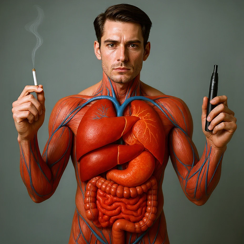 Hyperrealistic 4K vertical 9:16 medical illustration, realistic human anatomical body, inflamed liver and intestines highlighted, man holding a lit cigarette in the right hand and an electronic cigarette in the left, style identical to the reference image. emoji