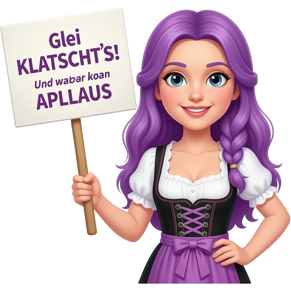 girl with long purple hair wearing a dirndl holding a Glei KLATSCHT'S! Und zwar koan APLLAUS sign emoji