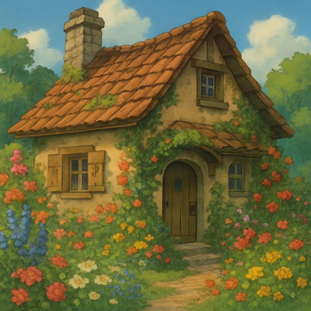 ghibli style cozy cottage with flowers emoji