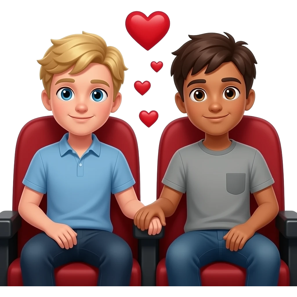 Make a young gay couple on a Date , one has light Skin with Blond Hair and Blue Eyes, the other one has slightly brown skin witz dark Brown Hair and Brown Eyes. They have a romantic date in a cinema. emoji