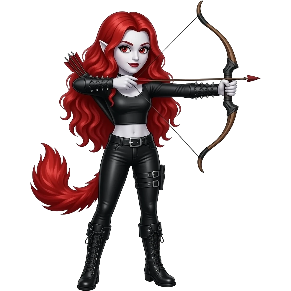 Vampiro femmina ADOLESCENTE con pelle bianca e capelli rosso ondulati lunghi in una coda che indossa dei pantaloni di pelle neri un top con maniche lunghe neroe degli stivali lunghi neri con scaglia una freccia con un arco da un albero emoji