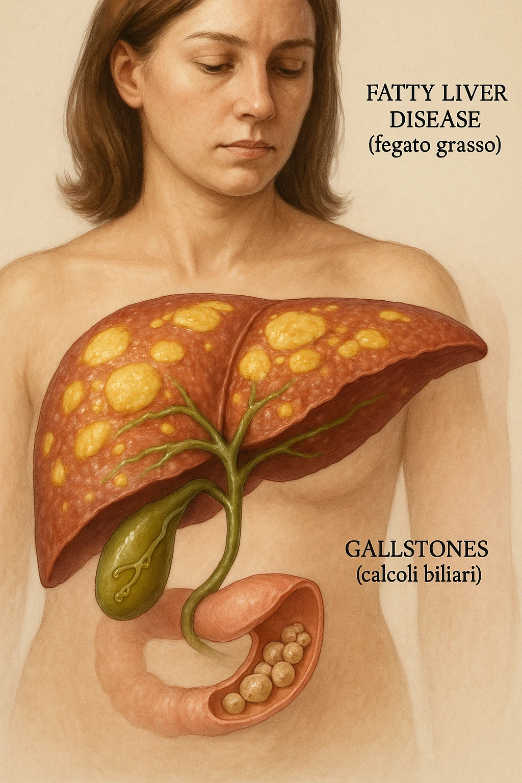 donna con fegato grasso immagine realistica e usa oli vegetali formando anche calcoli biliari emoji