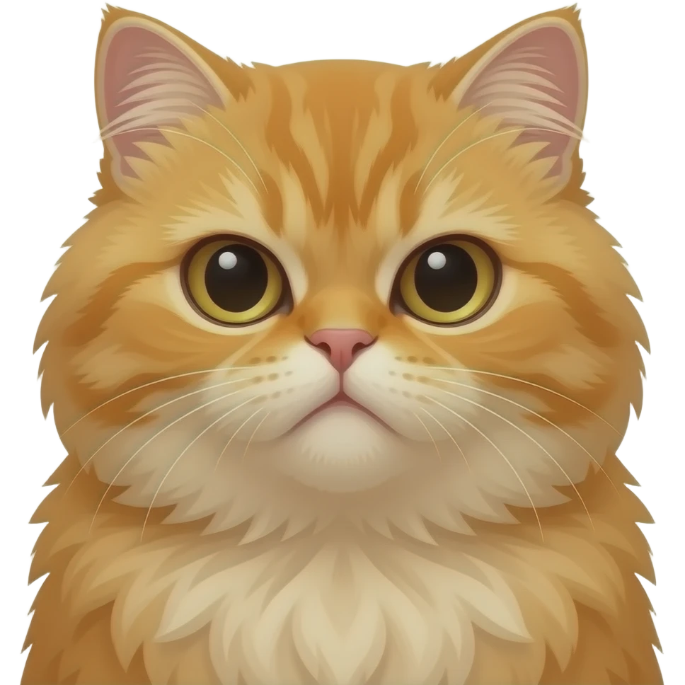 fluffy ginger persian cat, flat face, big eyes, grumpy expression, centered, 3D glossy emoji style, clean background emoji