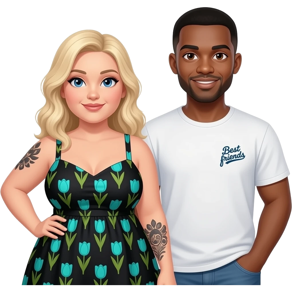 Plus size Blonde girl with blue eyes with black tattoos on right lower arm wearing a black summer dress with teal tulips and African American man with black hair with brown eyes NO facial hair best friends logo emoji
