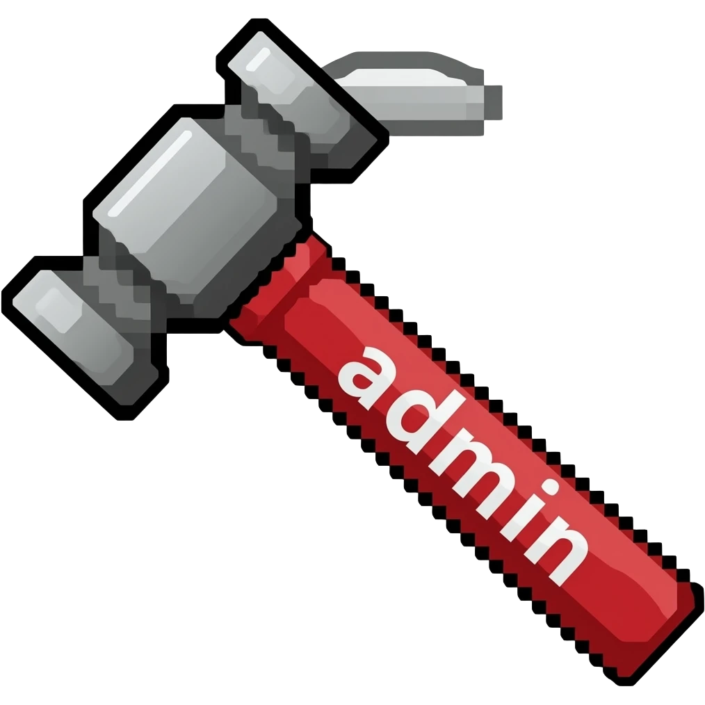 A really pixelated with admin text but red and black/white hammer representing admin emoji
