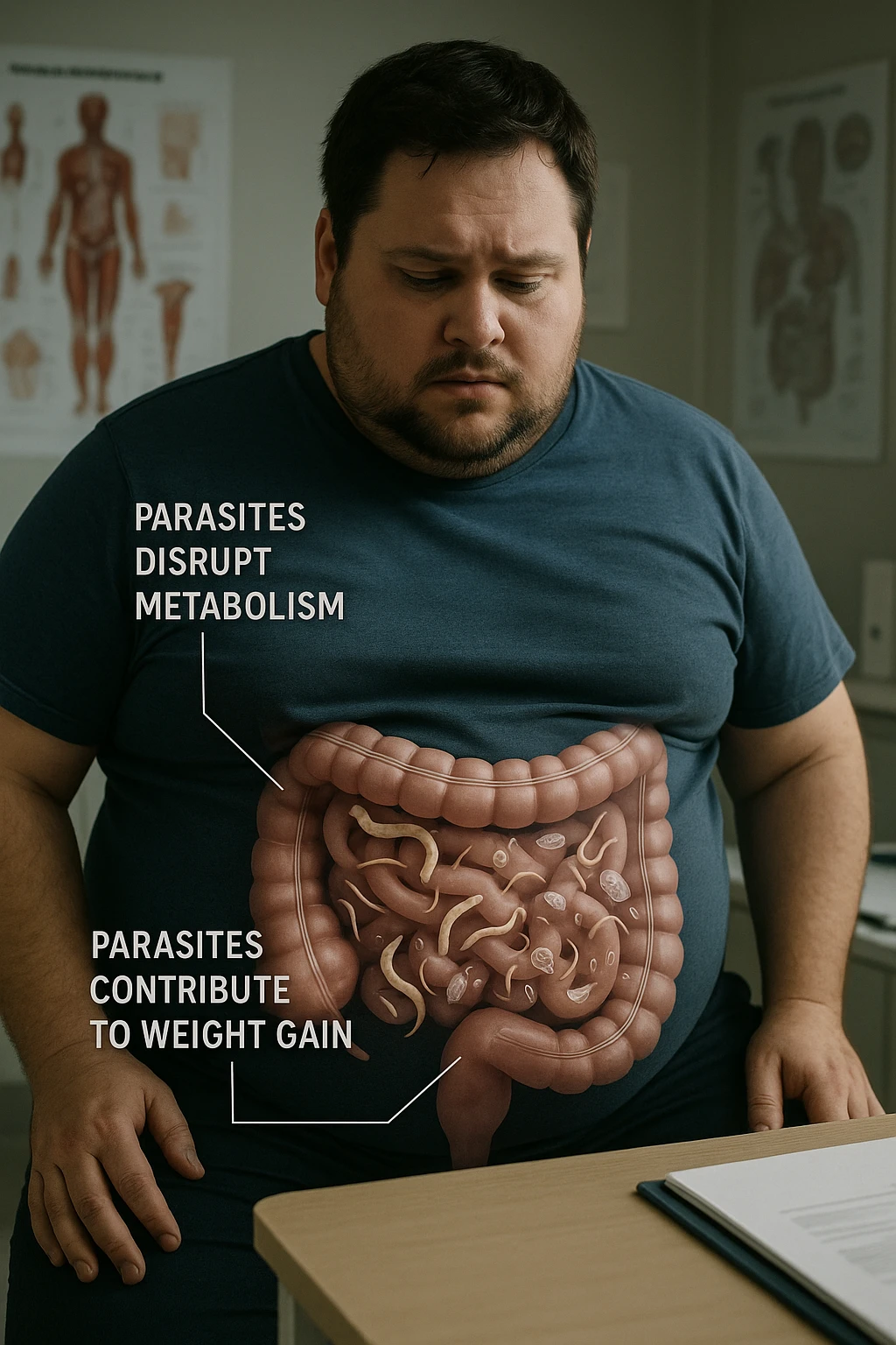 cinematic photo an overweight man is shown with a semi-transparent abdomen, highlighting the intestines filled with various types of parasites (such as worms or protozoa). Educational callouts explain how these parasites can disrupt metabolism and contribute to weight gain. The setting is a medical office, with charts and diagrams in the background. emoji