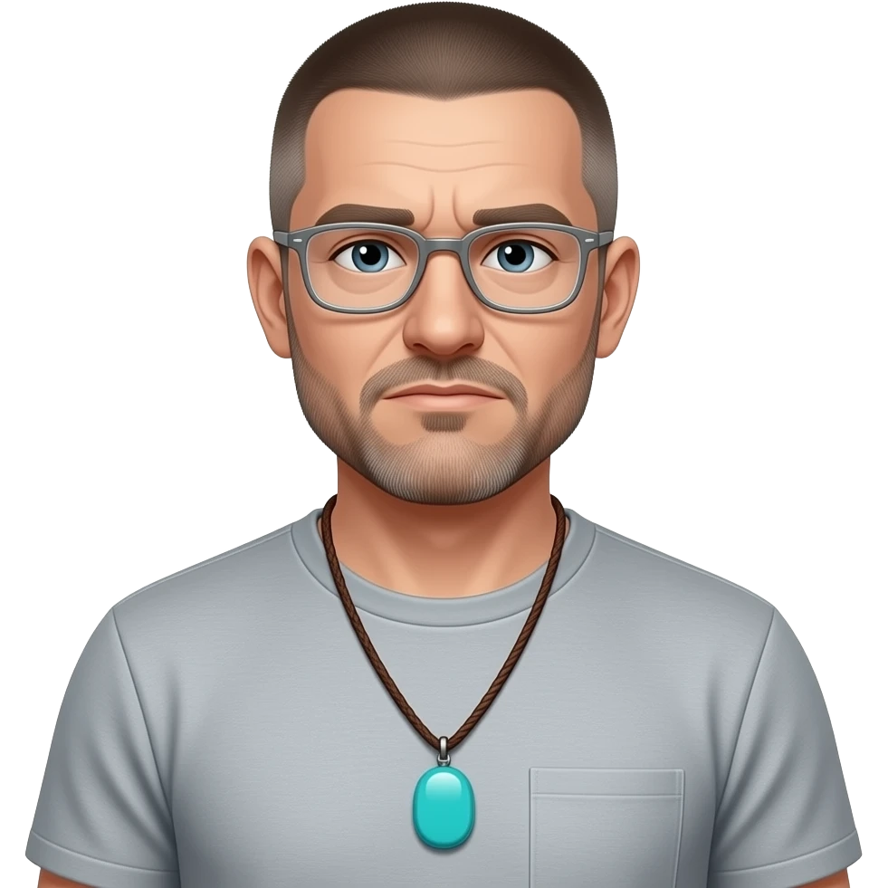 pointed chin indifferent pointed chin haved face pendant Turquoise on brown paracord t shirt shaved short hair full-length photo of extreme streetwear clean-shaven face cool boy thin metal-framed glasses ery entellectual man, 56 years old, street wear stubble, shaved short with clippers emoji
