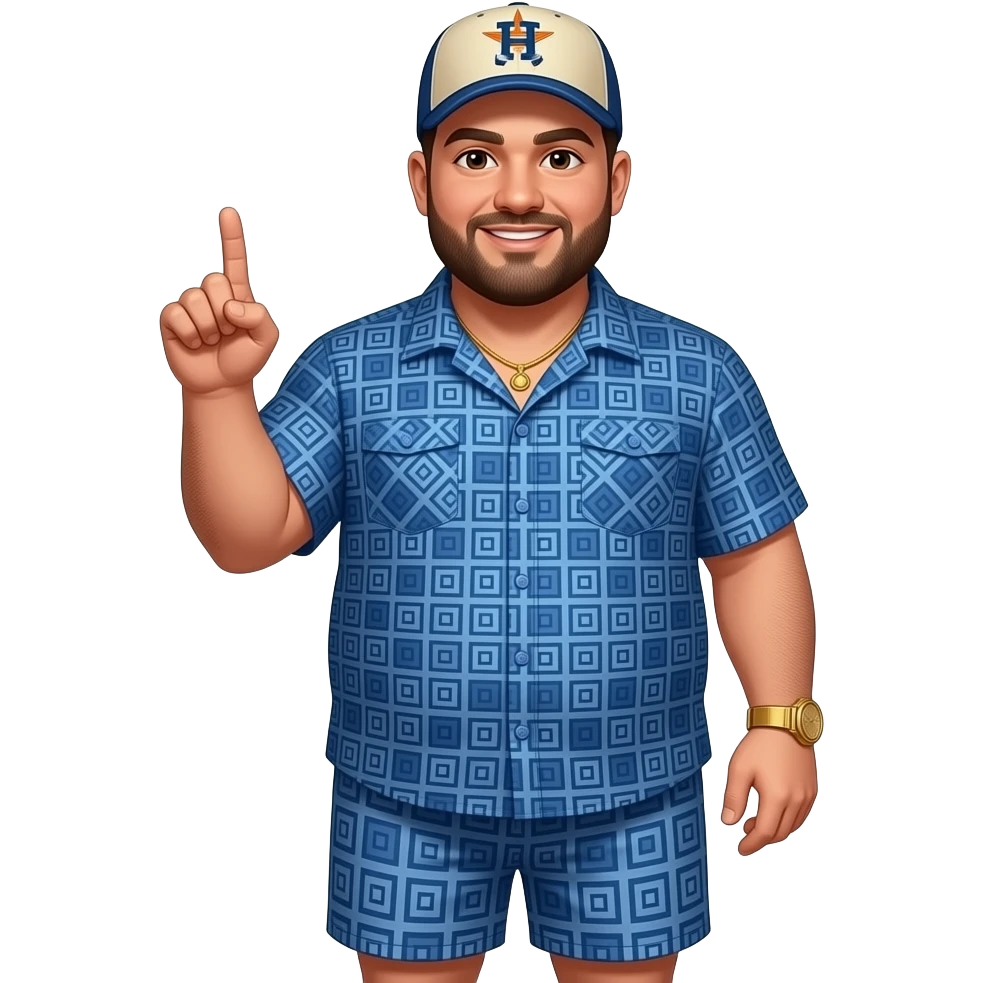 Chubby man with light honey skin tone with lightly shaved black beard and brown eyeswearing a blue button up short sleeve shirt with matching shorts with square pattern design wearing a beige Huston Astros logo baseball cap wearing a gold watch wearing a gold tennis necklace pointing finger up emoji