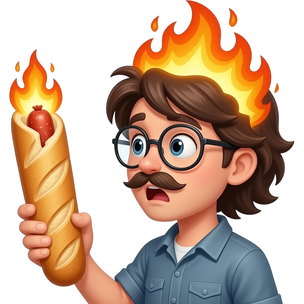A boy with  LONG hair and a mustacheand glasses  really shocked at a baguette with a sausage inside, make the buys head go on fire, make the baguette glow and make it side view(only the head) emoji