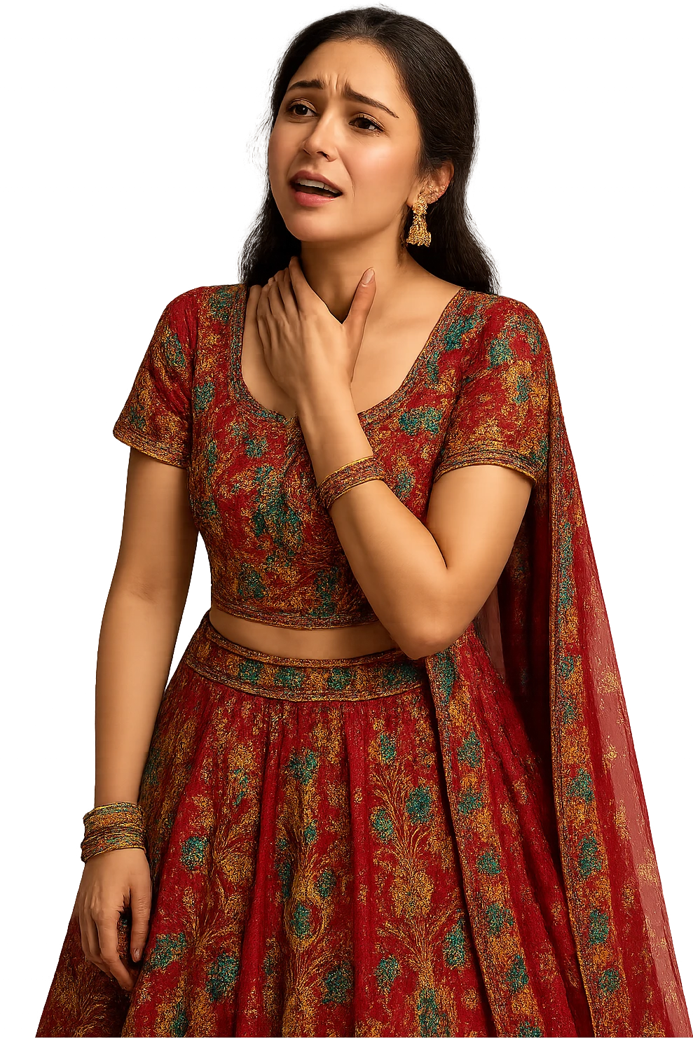 A girl in lehenga choli, holding her neck, detailed embroidery, expressive face, no background emoji