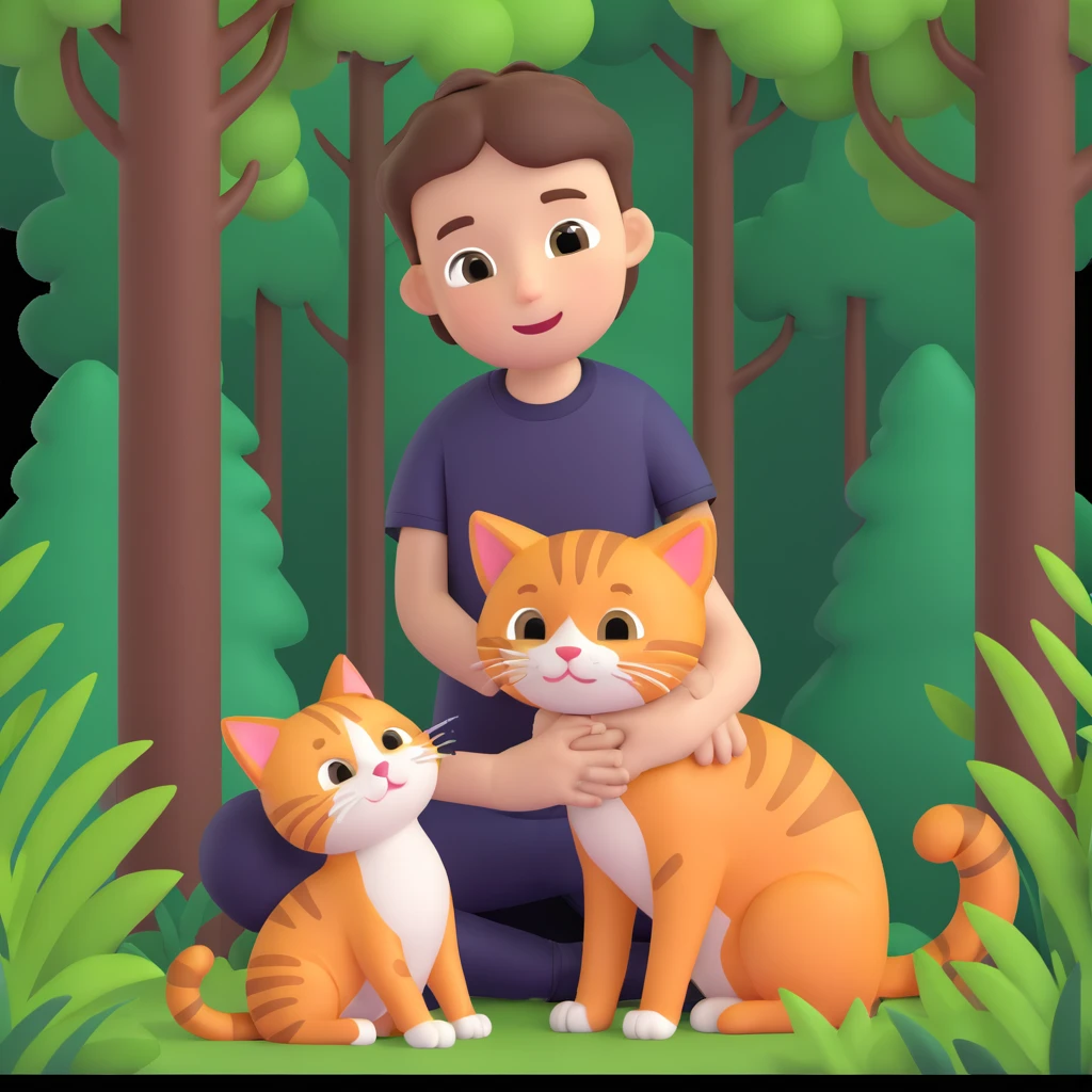 boy and cat pet in forrest background, close up pose emoji