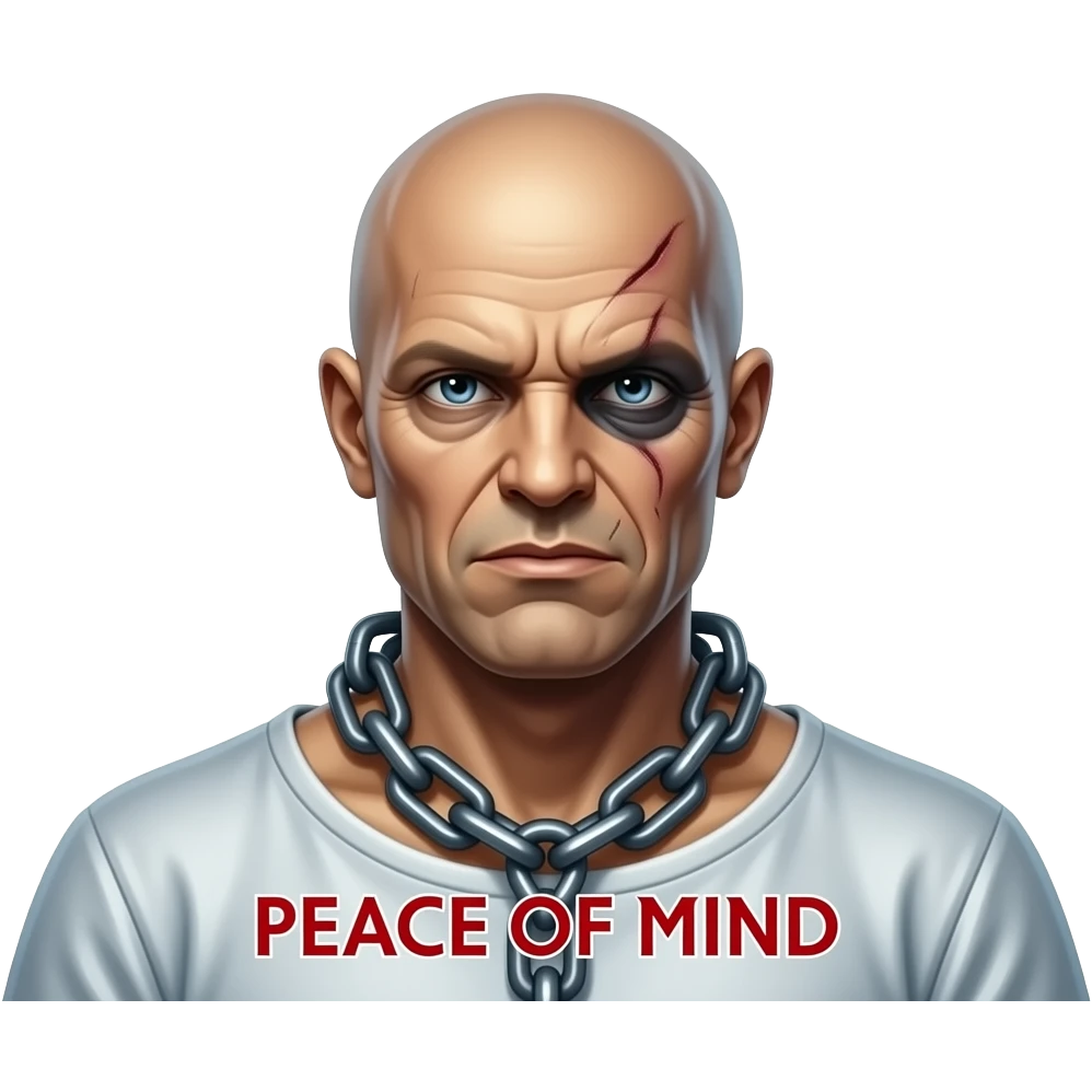 Iron Maiden's monster portrait from the cover of the album Peace of Mind, a bald monster with a lobotomized head, in chains and a straitjacket emoji