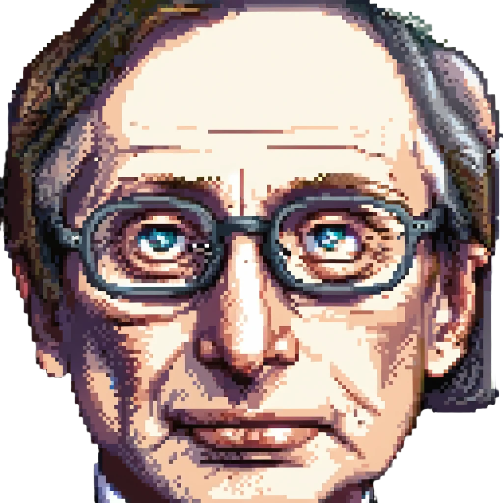close-up pixel art of Stephen Hawking's face with glasses and a slight smile, simplified pixel art details emoji