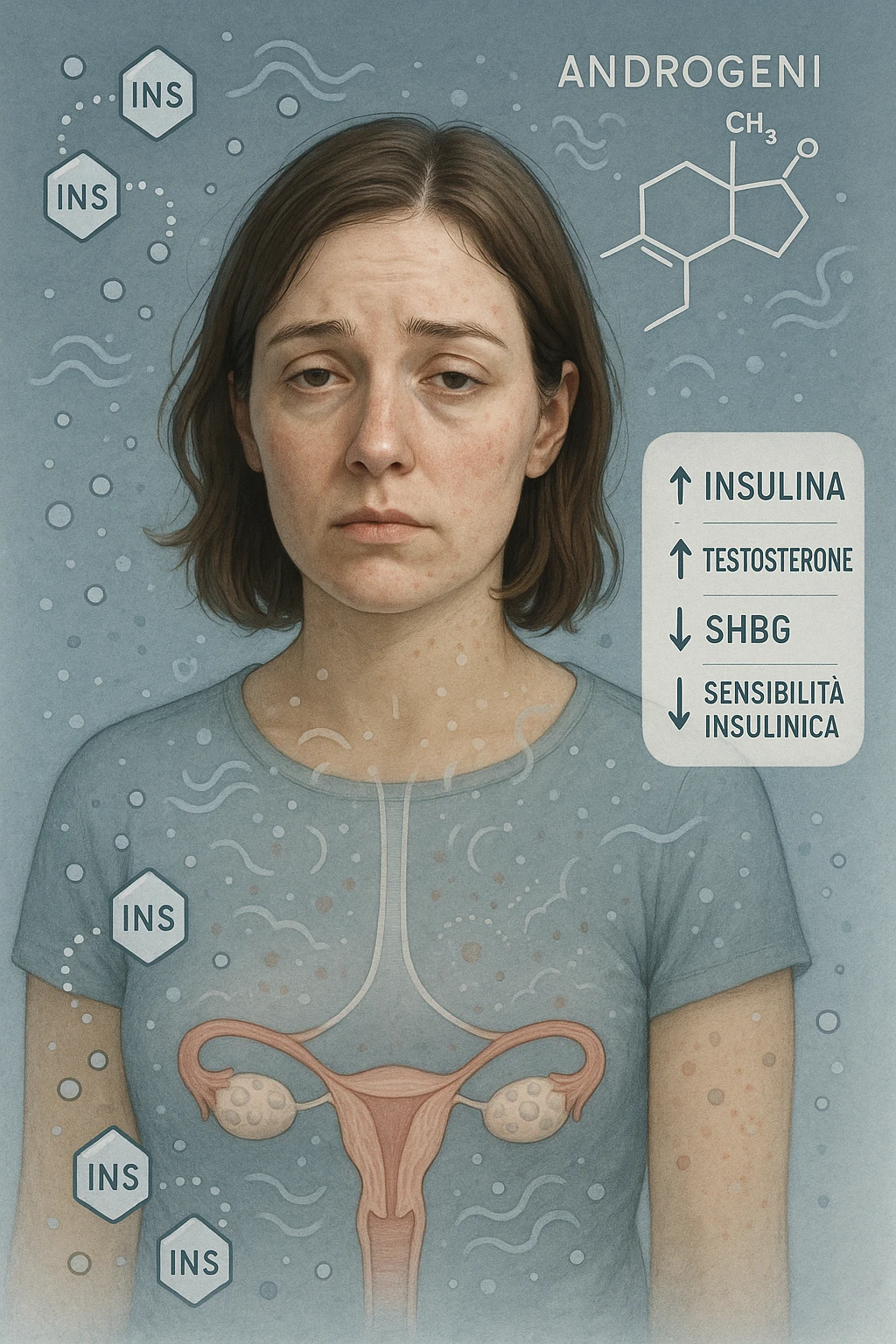 Donna tra i 25 e i 35 anni in primo piano, con espressione affaticata. Intorno al suo corpo appaiono in modo stilizzato e simbolico squilibri ormonali: molecole di insulina in eccesso fluttuano attorno, androgeni (testosterone) evidenziati sopra la testa, segnali visivi di infiammazione cronica lieve. Sopra le ovaie (visibili in trasparenza) compaiono piccole cisti multiple. Accanto a lei, un diagramma stilizzato mostra: '↑ Insulina', '↑ Testosterone', '↓ SHBG', '↓ Sensibilità insulinica'. L’atmosfera è scientifica, educativa ma empatica. Stile realistico con elementi infografici fluttuanti e colori freddi ma puliti. emoji