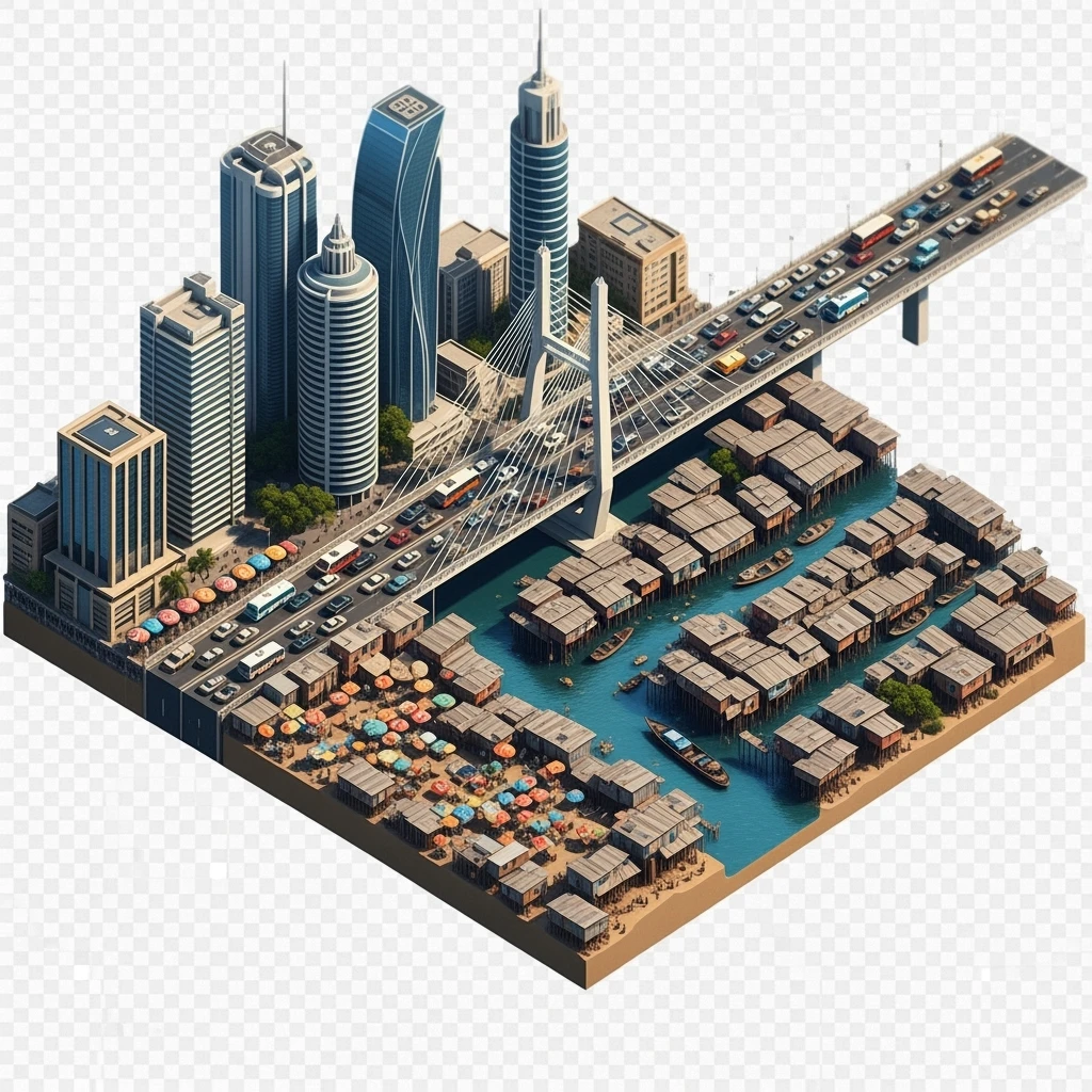 Isometric miniature of Lagos Lekki-Ikoyi Bridge, Eko Atlantic skyscrapers, Makoko slums, tin-roof shacks, chaotic markets, gridlocked traffic, 3D miniature effect and Tilt Shift effect, no cartoonish look, transparent background, don't cut angles emoji