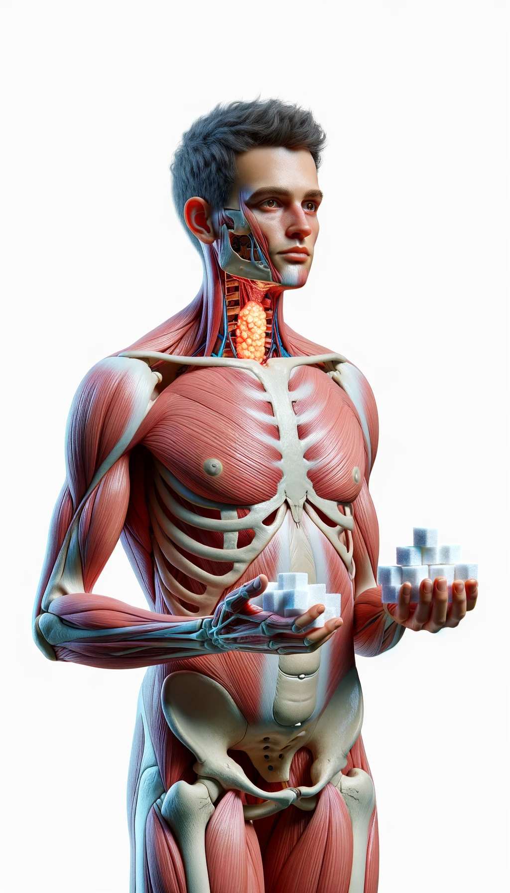 corpo umano anatomico con capelli corti a figura intera fino alle ùginocchia, tiroide infiammata in evidenza, tiene in mano una manciata di zollette di zucchero, iperrealistica 4k, isolato su sfondo bianco emoji