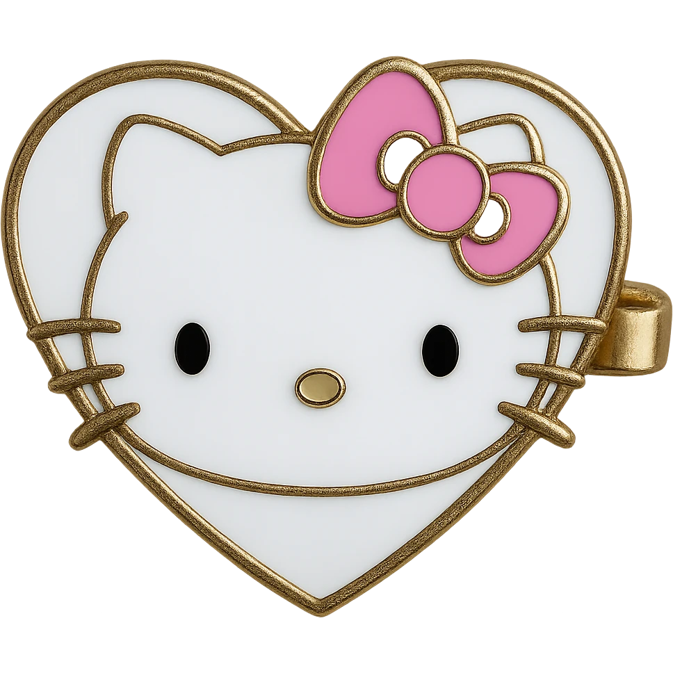 Edit the realistic Hello Kitty hair pin to change the pin shape to a heart while keeping the Hello Kitty face and bow on the pin. Maintain the realistic style and transparent background. emoji