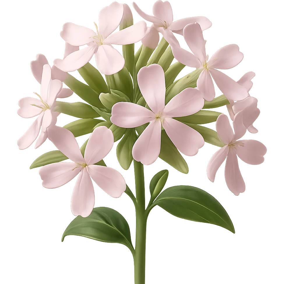 Create 3D iOS-style realistic soapwort (Saponaria) flowers with delicate pale pink petals, green stems and leaves, soft lighting, and a glossy effect. The image should have no background. Render in the style of GPT Image to capture the realistic and detailed look. emoji