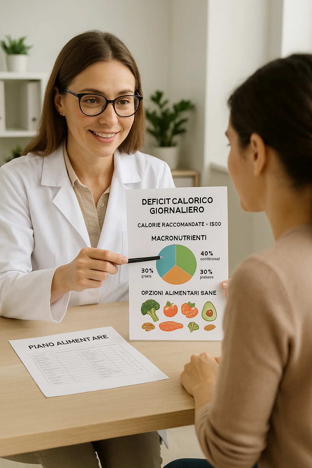 a nutritionist sits at a desk with a client, showing a personalized meal plan and a chart that clearly displays the client’s specific daily caloric deficit. The nutritionist points to the chart, which includes recommended calories, macronutrient breakdown, and healthy food options. The mood is professional, supportive, and educational. scritte in italiano emoji