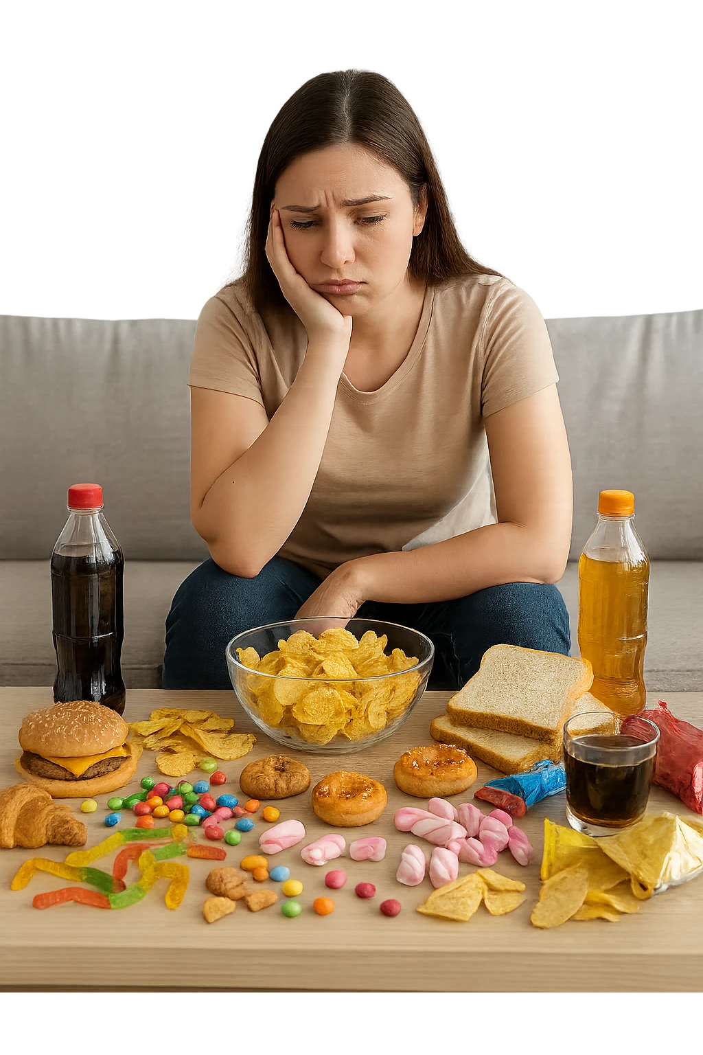 Donna tra i 25 e i 35 anni seduta sul divano o a un tavolo disordinato, circondata da cibi sparsi e poco sani: patatine, dolci, pane bianco, snack confezionati, bibite.  emoji