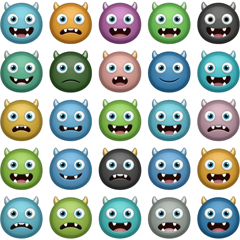 Produce
 an image of a 10x7 arrangement containing 70 face of monster in a 3D 
cartoon style. The layout must be a single cohesive image with a 
perfectly clean white background, free of shadows, borders, or any grid 
divisions, with crisp and detailed 3D rendering. emoji