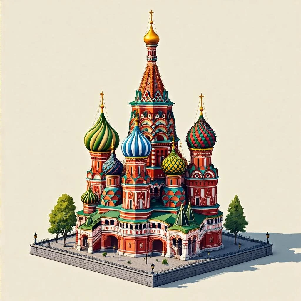 Isometric illustration of Moscow, featuring photorealistic Saint Basil's Cathedral with colorful onion domes, hand-drawn painterly details, subtle texture on bricks and roofs, realistic shadows and soft lighting, muted yet vivid color palette, diorama miniature effect. emoji