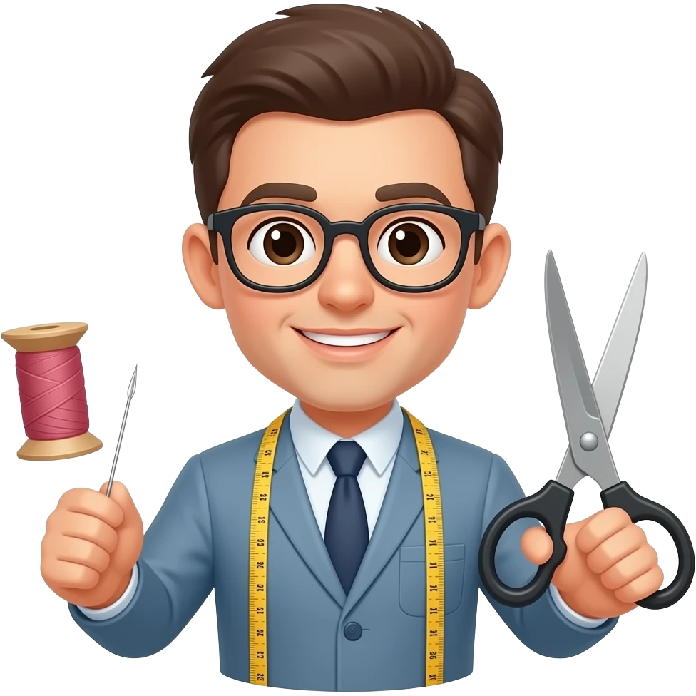 Elinde iğne ipliği mezurası ve makası olan, gözlüklü bir Terzi emoji