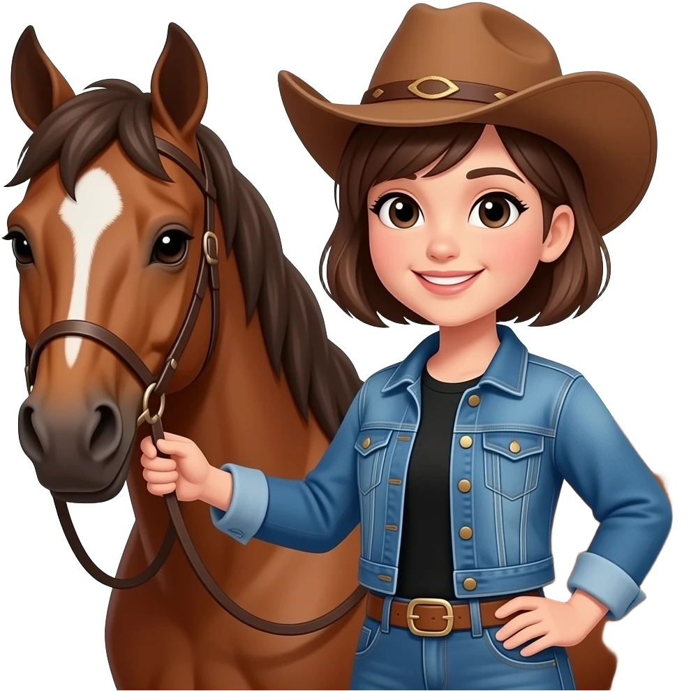 Girl with short brown hair, with black eyes, smiling, wearing a denim jacket and black shirt and brown cowgirl hat, next to her brown horse that has a white spot on her forehead. emoji