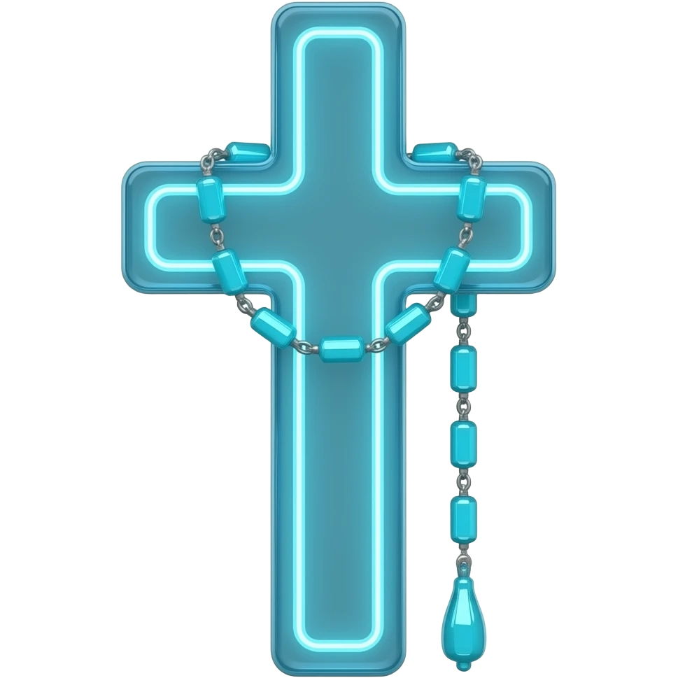 cruz sagrada ciano vidro neon com rosário ciano vidro neon emoji