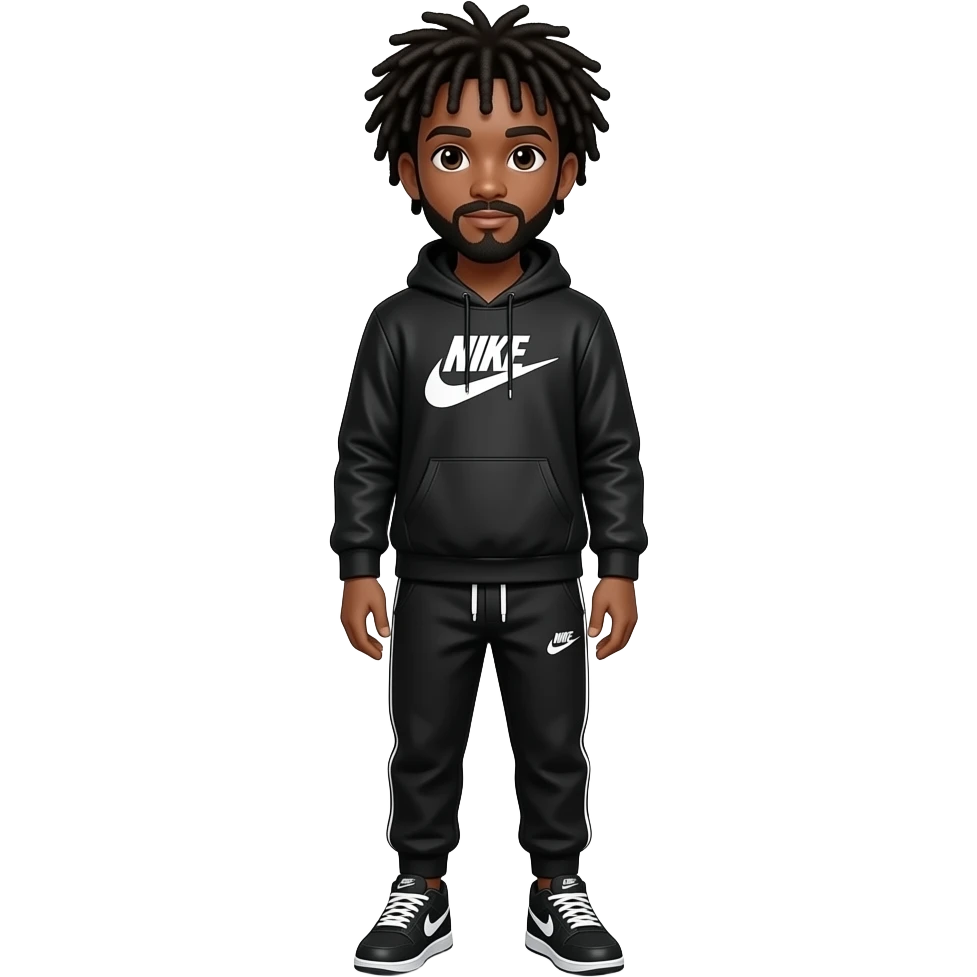 A tall black teenager boy with dreads and mustache whole body with black and white Nike techclothes and Nike shoes emoji